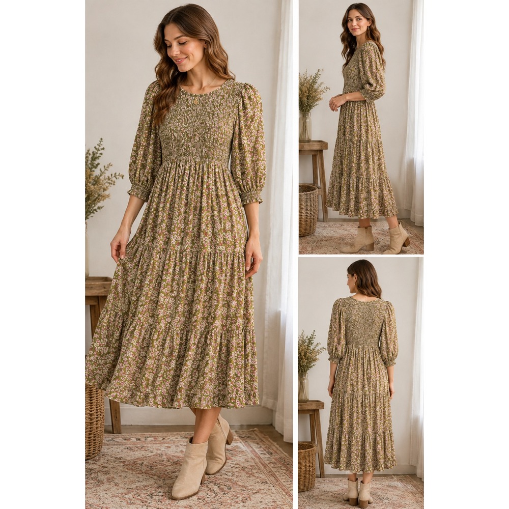 Prairie Dress Womens Small Olive Pink Floral Tiered Midi Cottagecore Puff Sleeve - Picture 1 of 14